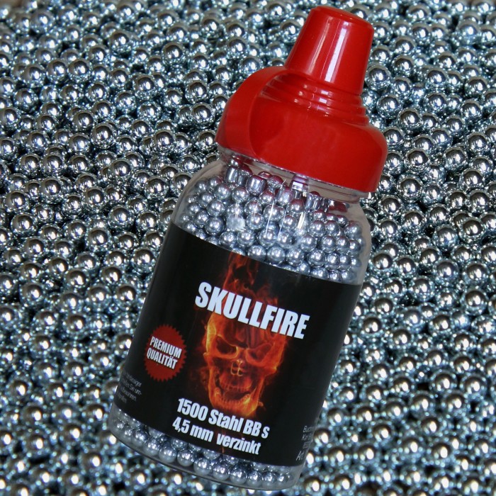SKULLFIRE Stahlrundkugeln, verzinkt, Kaliber 4,5mm, 1500 BBs im praktischen Spender